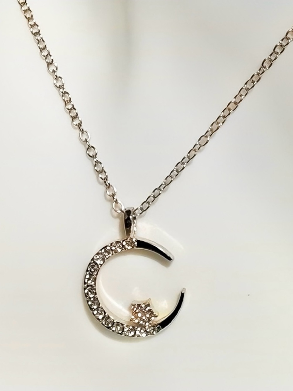 Silver Crescent Moon and Star Pendant Necklace - Women Jewelry